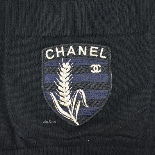 Chanel - Black 100% Wool Logo Patch Uniform Cardigan