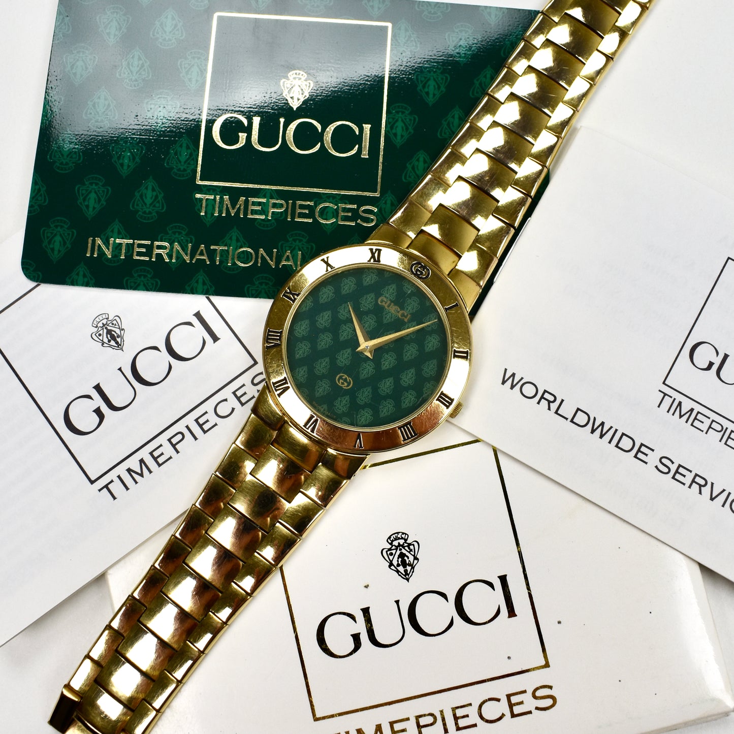 Gucci - 3300M Gold / Green Crest Dial Watch