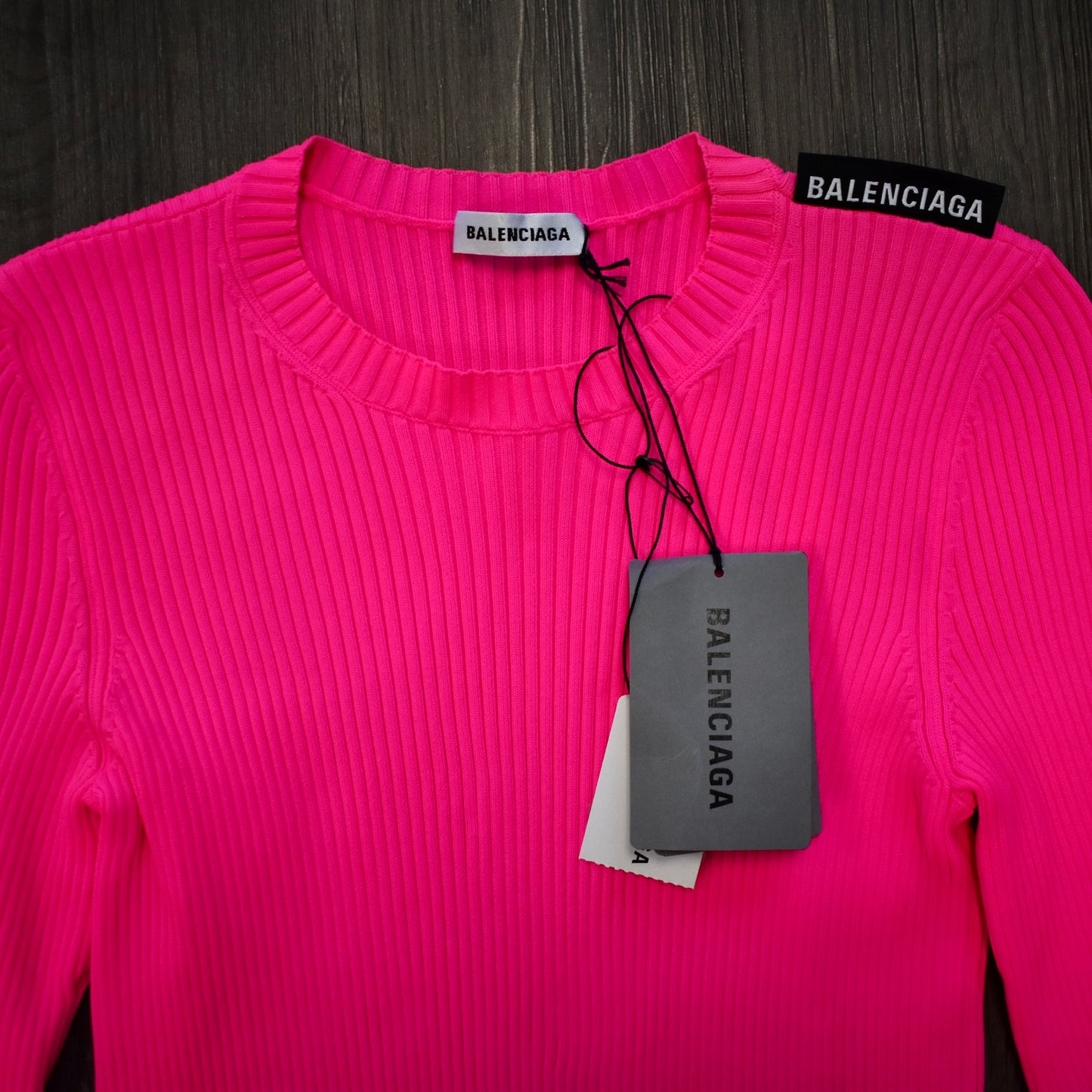 Balenciaga - Bright Pink Technic Rib Knit Logo Tag Sweater