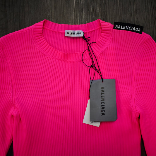 Balenciaga - Bright Pink Technic Rib Knit Logo Tag Sweater