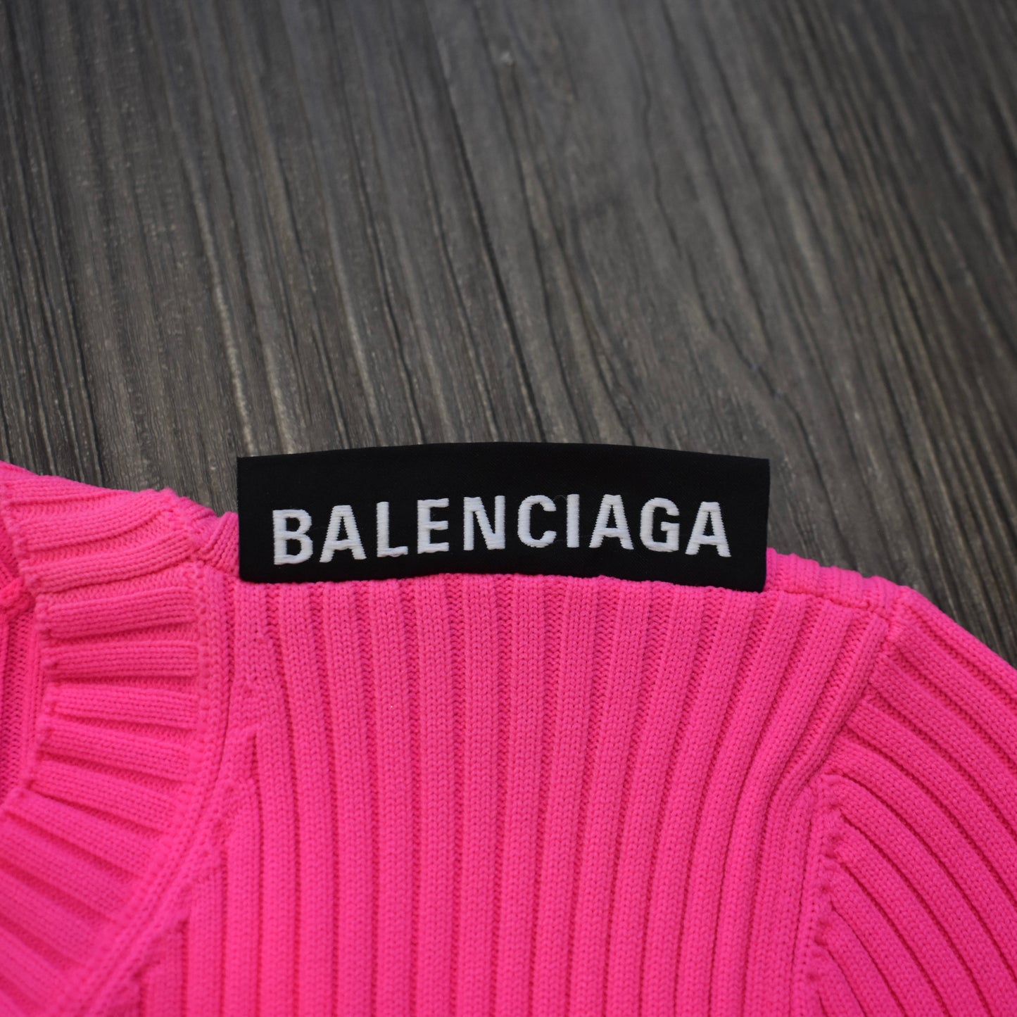 Balenciaga - Bright Pink Technic Rib Knit Logo Tag Sweater