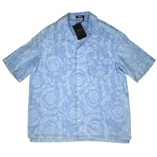 Versace - Denim Chambray Baroque Woven Snap Button Shirt