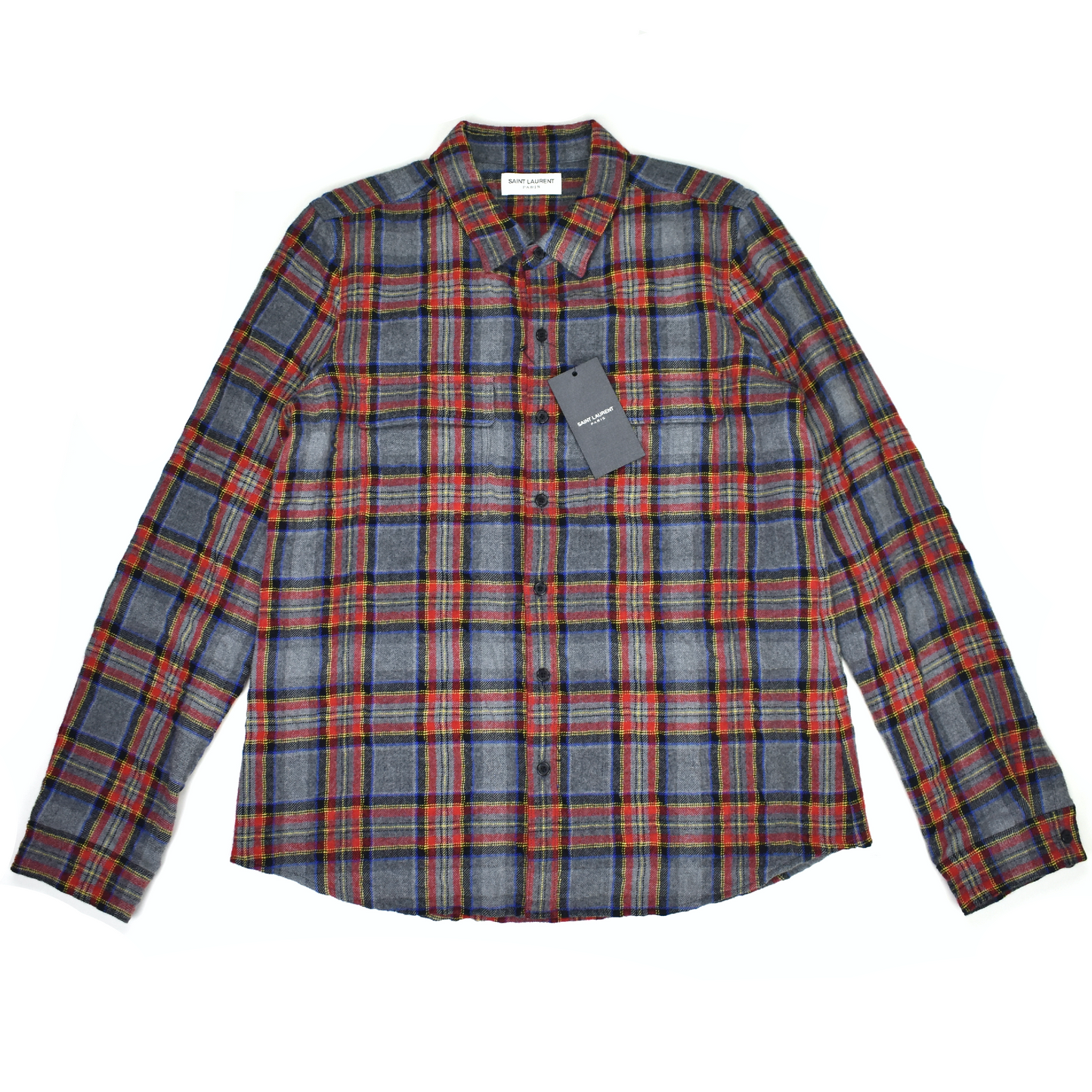 Saint Laurent - Gray/Red/Blue Plaid Wool Flannel Shirt