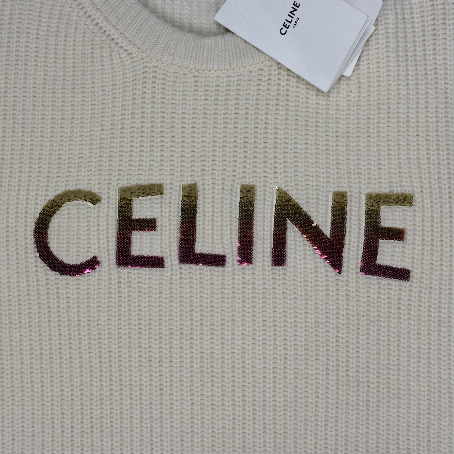 Celine - Cream Wool Sequin Logo Sweater