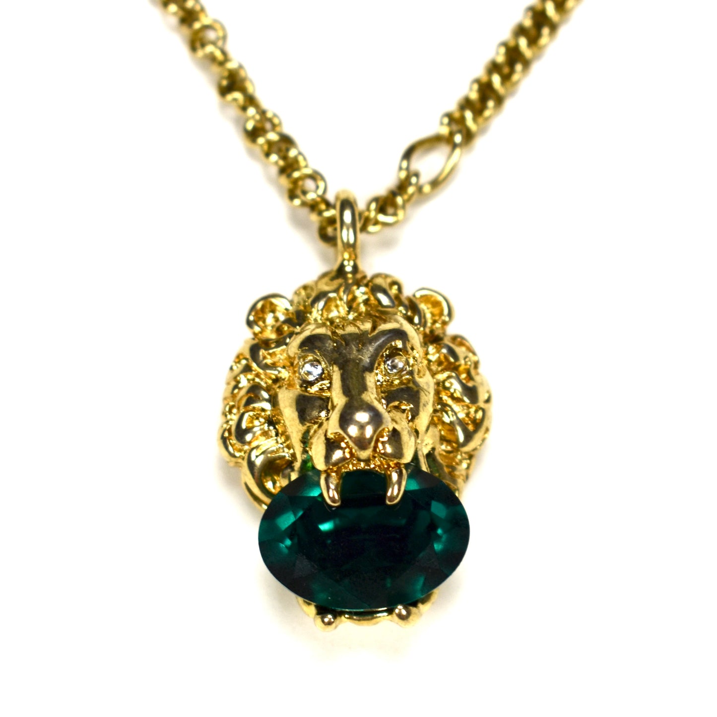 Gucci - Gold Lion Green Crystal Pendant Chain Necklace