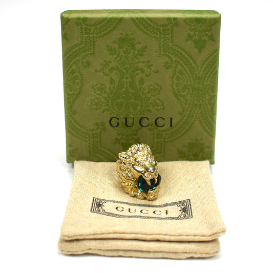 Gucci - Gold Green Crystal Lion Ring