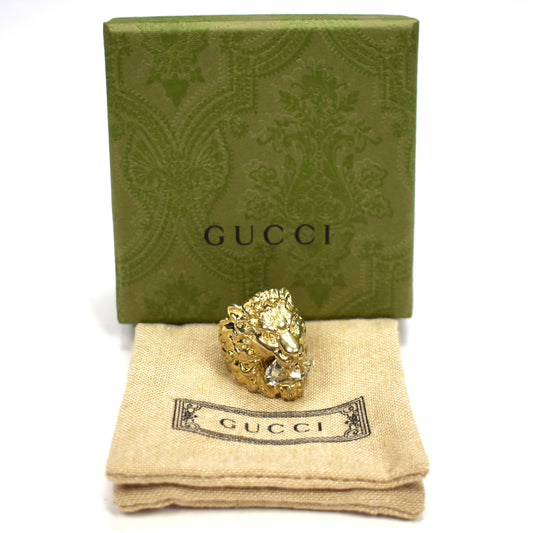 Gucci - Gold Clear Crystal Lion Ring