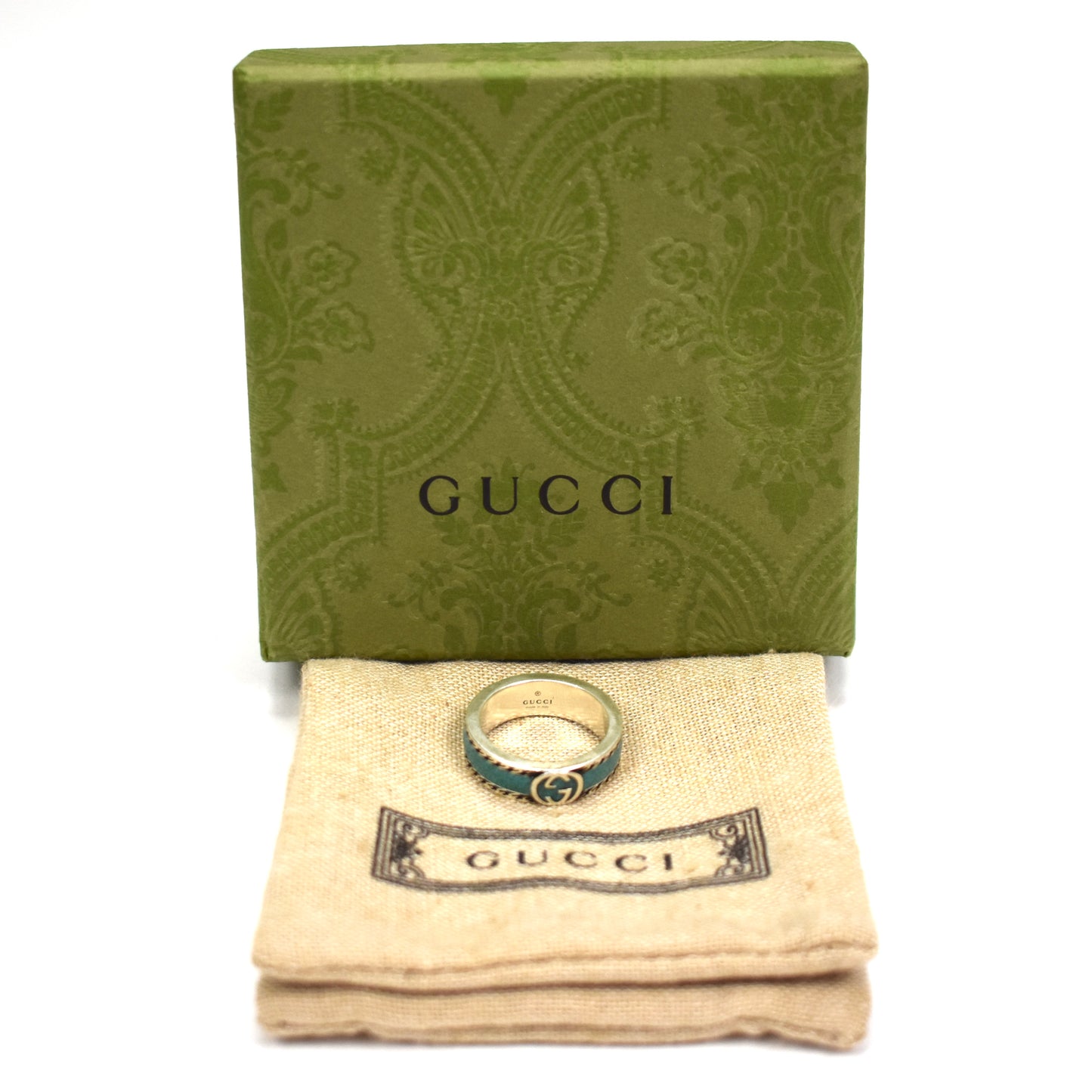 Gucci - .925 Silver Turquoise Enamel GG Logo Ring