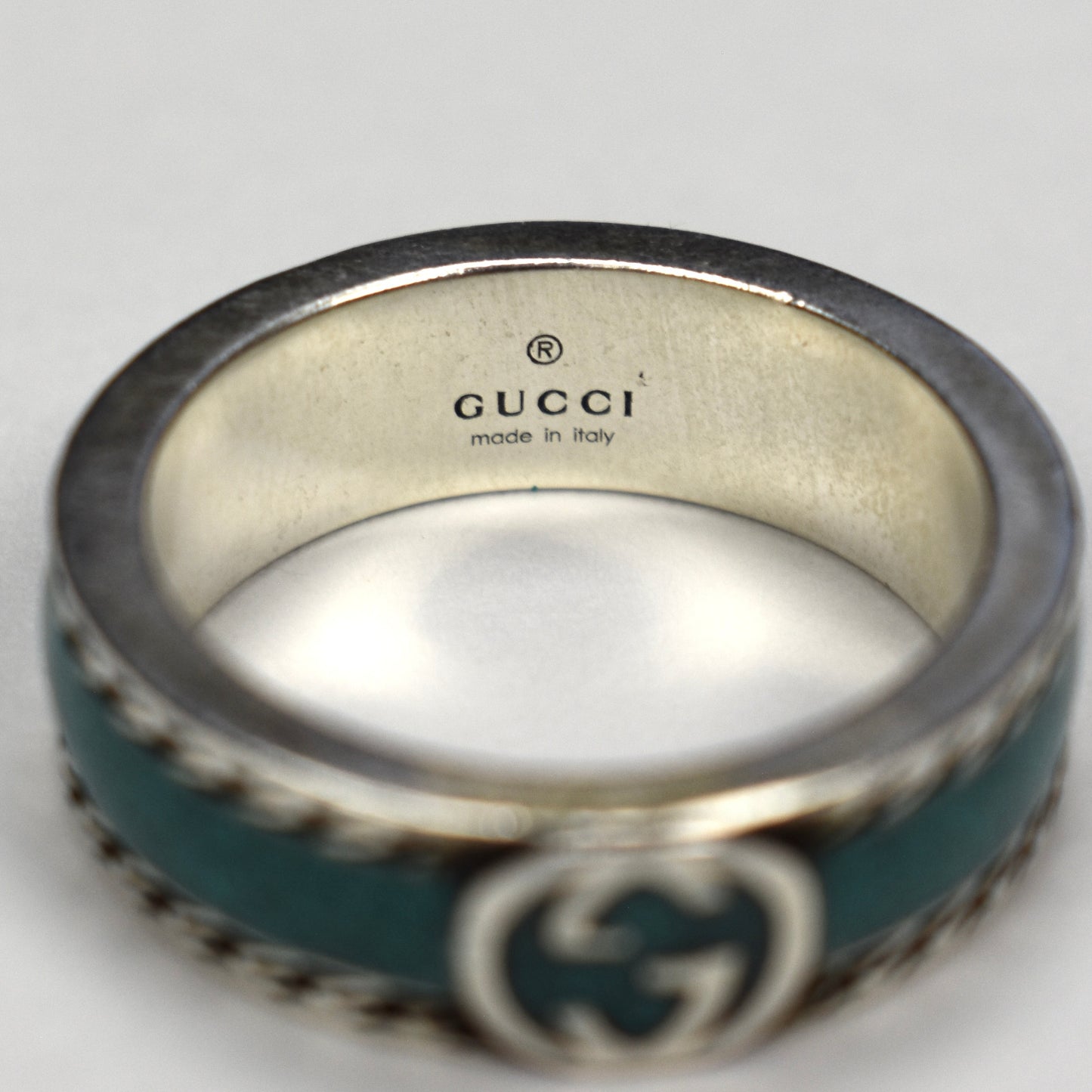 Gucci - .925 Silver Turquoise Enamel GG Logo Ring