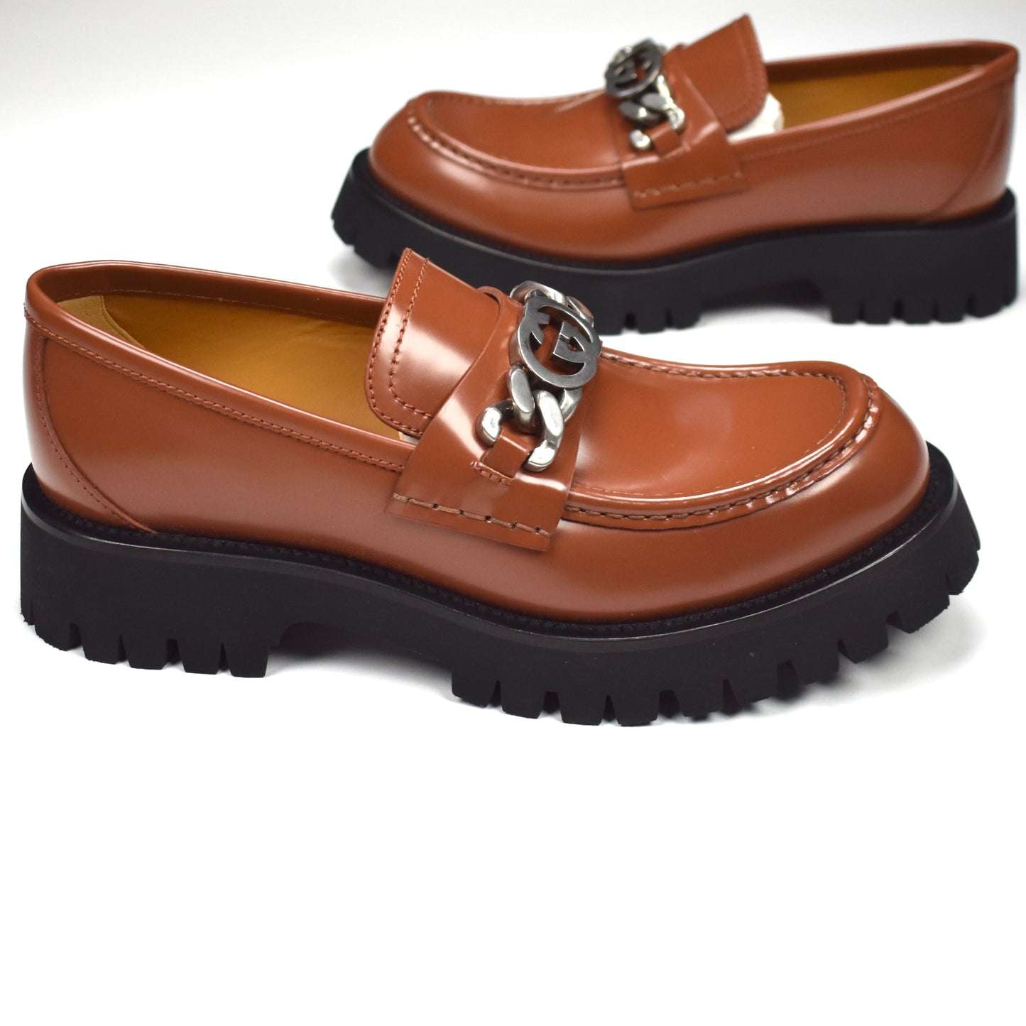 Gucci - Brown Leather GG Logo Chain Lug Sole Loafers