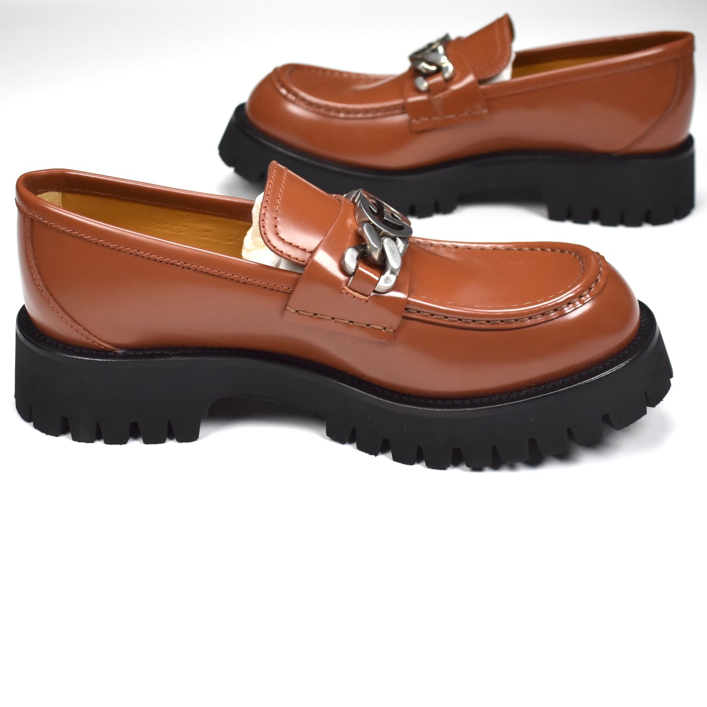 Gucci - Brown Leather GG Logo Chain Lug Sole Loafers