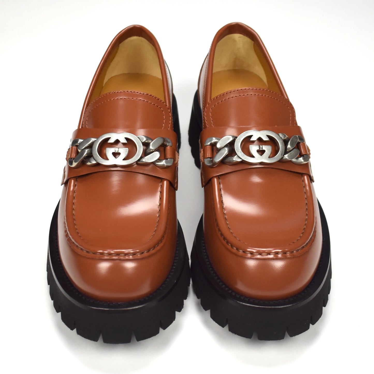 Gucci - Brown Leather GG Logo Chain Lug Sole Loafers