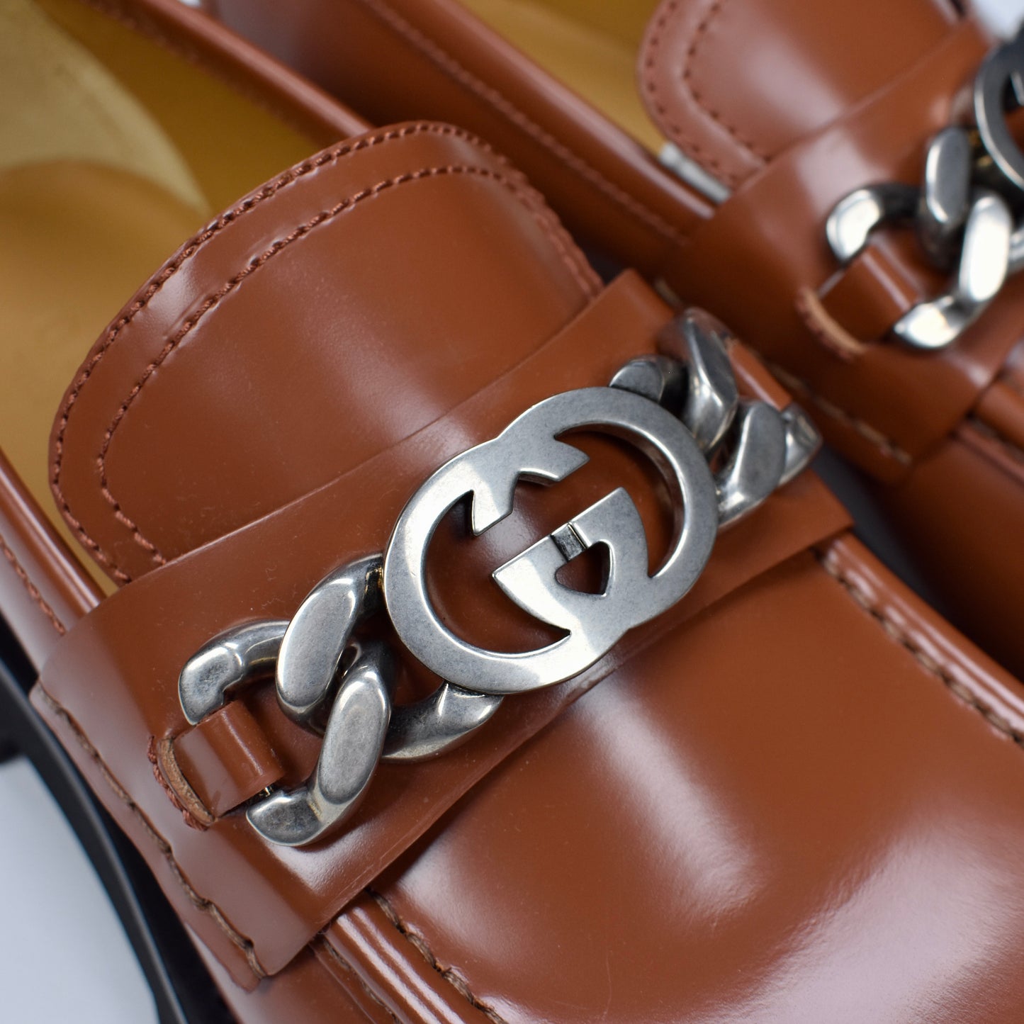 Gucci - Brown Leather GG Logo Chain Lug Sole Loafers