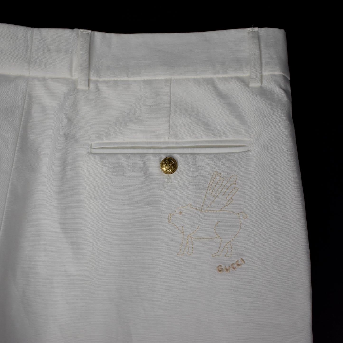Gucci - White Flying Pig Embroidered Wide Leg Pants