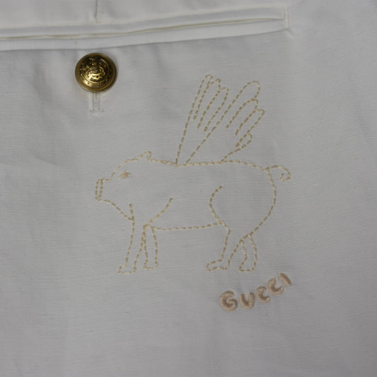 Gucci - White Flying Pig Embroidered Wide Leg Pants