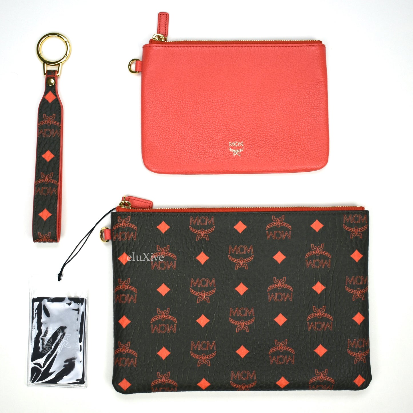 MCM - Black/Red Winter Moss Monogram Wristlet/Clutch 3-Piece Set