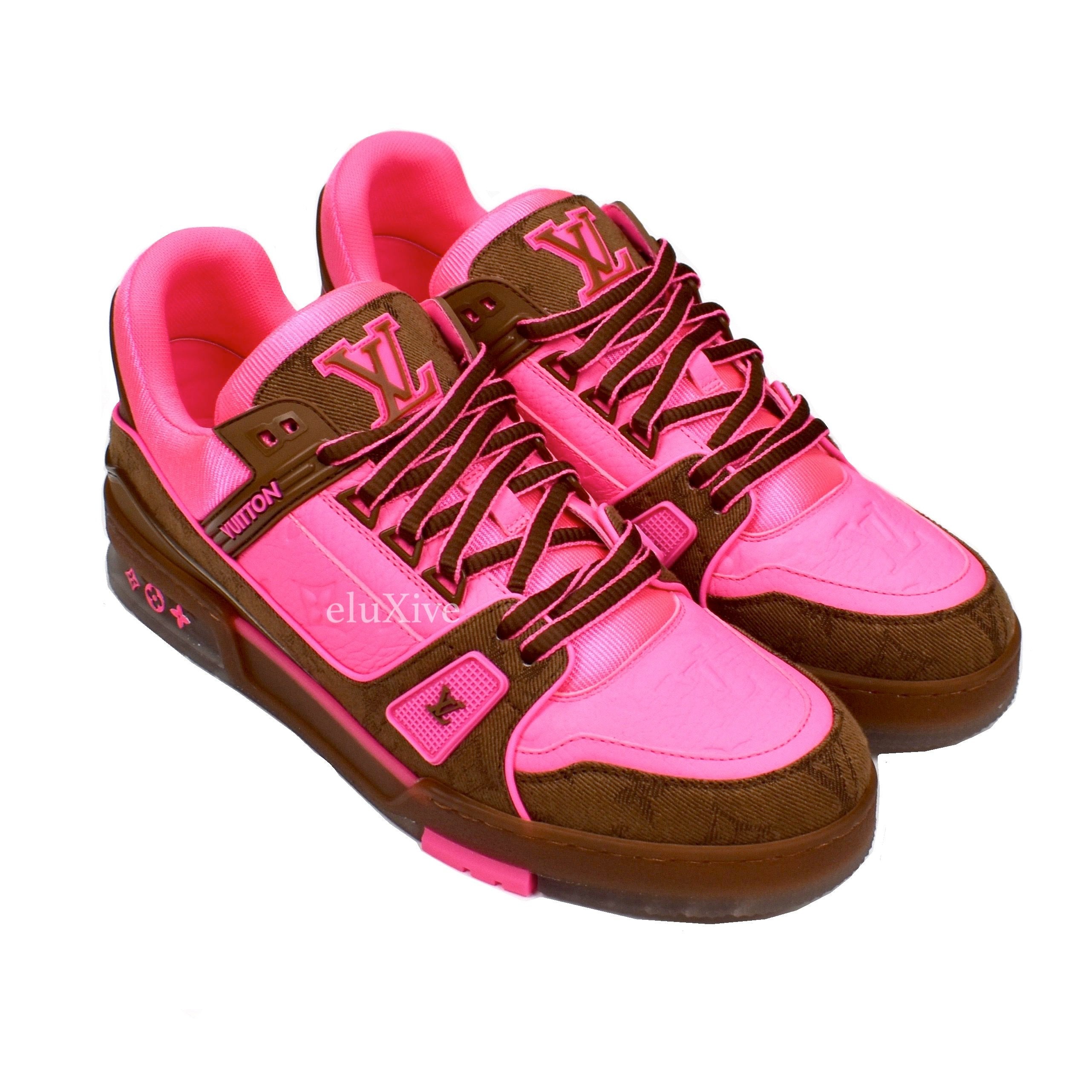 LOUIS VUITTON Crystal Mens LV Trainer Sneakers 9.5 Pink Brown