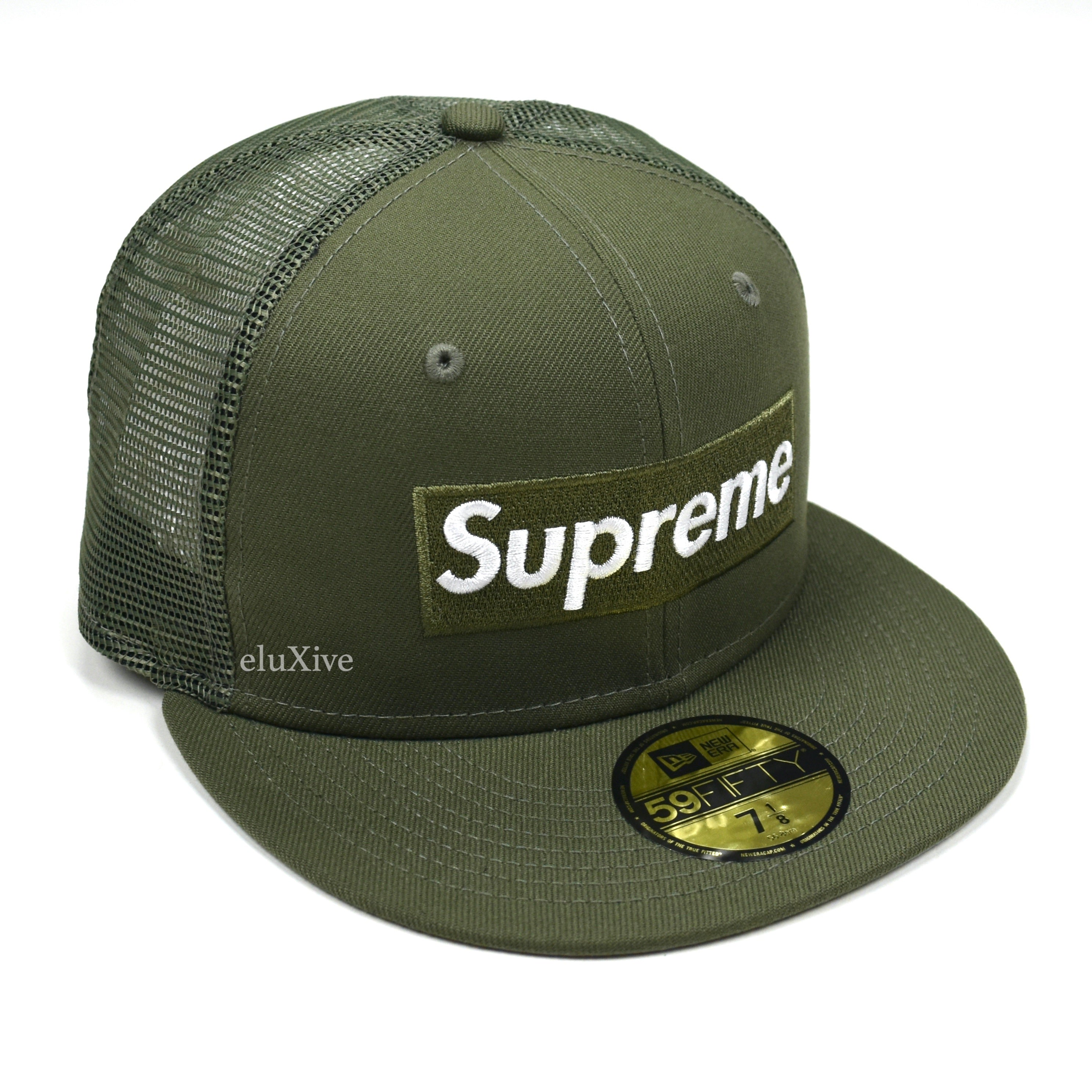 Supreme x New Era - SS23 Olive Box Logo Mesh Back Hat – eluXive