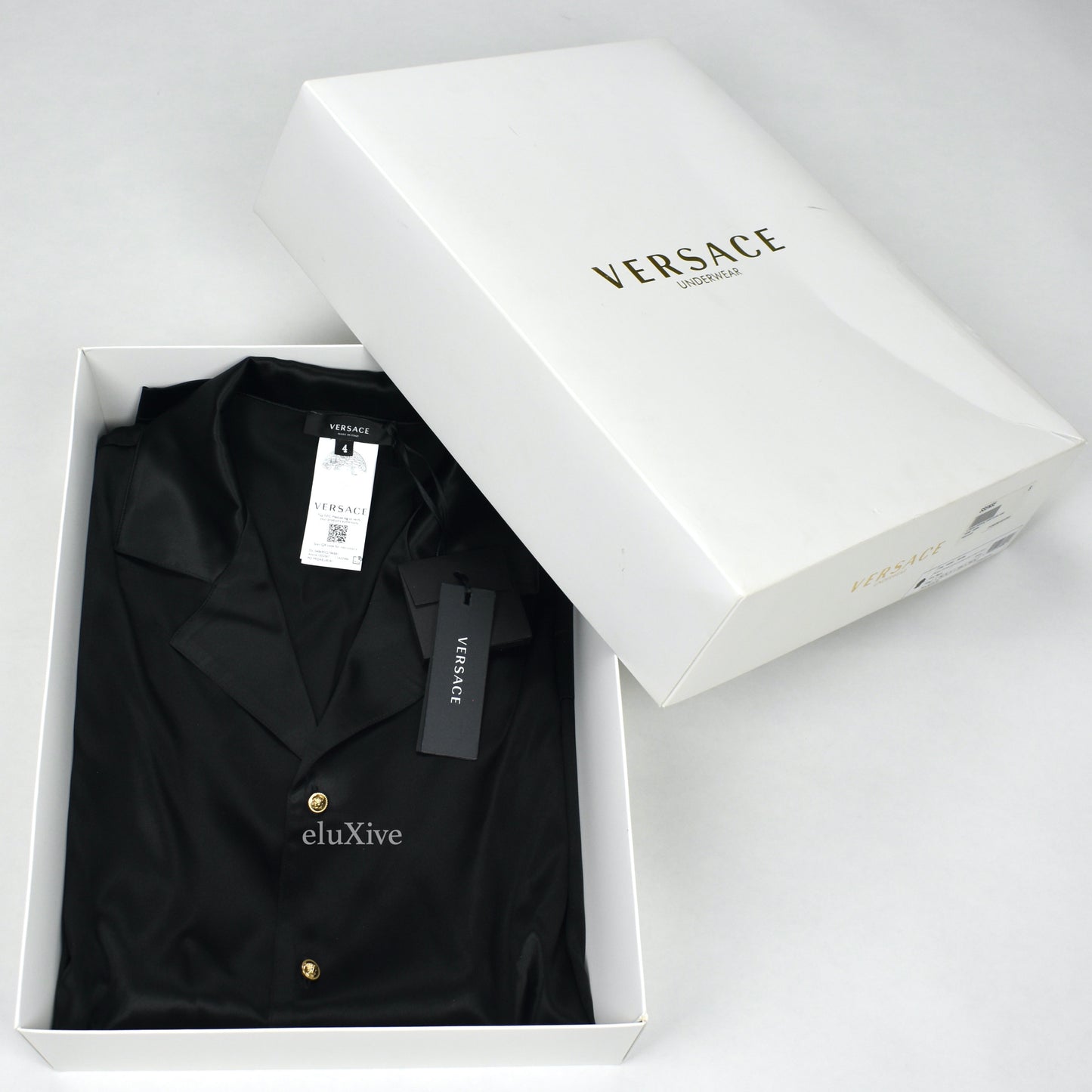 Versace - Black Silk Gold Medusa Button Pajama Shirt