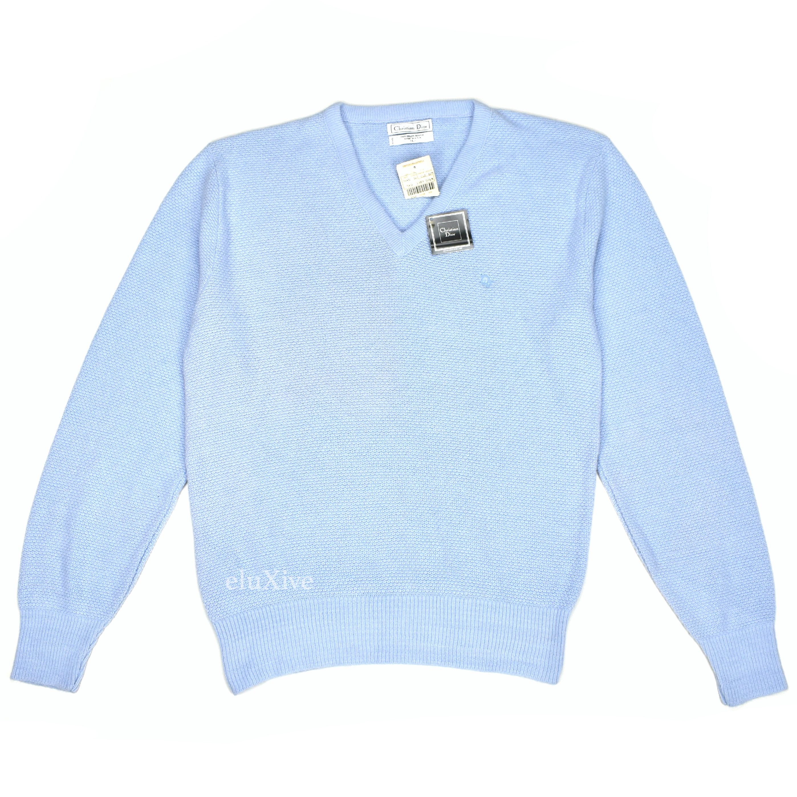 Dior - 1982 Vintage Light Blue Logo V-Neck Sweater – eluXive