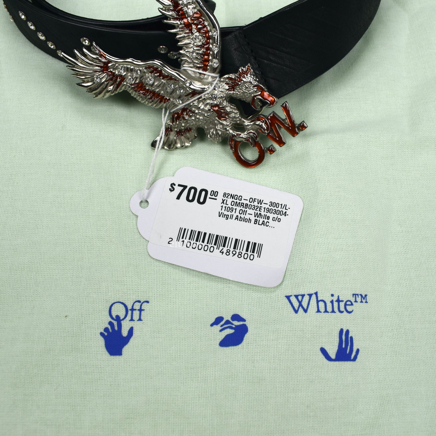 Off-White - Black Eagle Buckle Crystal Studded Leather Belt