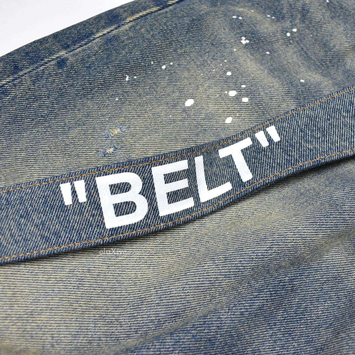 Off-White - Blue Distressed Paint Splatter Belted Denim Jeans