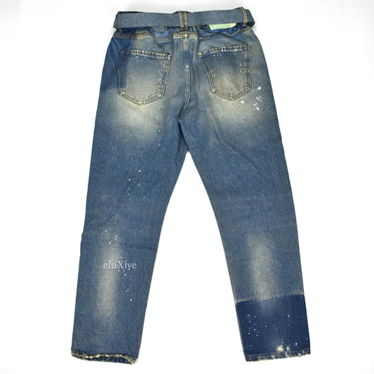 Off-White - Blue Distressed Paint Splatter Belted Denim Jeans