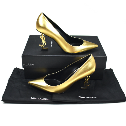 Saint Laurent - Gold YSL Logo Heel Opyum Pumps