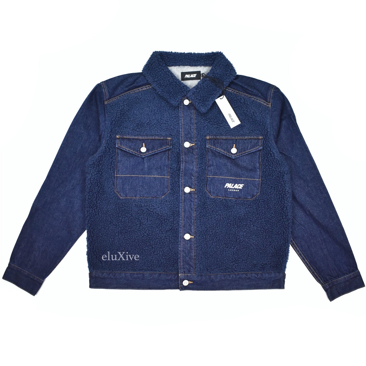 Palace - Navy Grizzly Fleece Denim Trucker Jacket