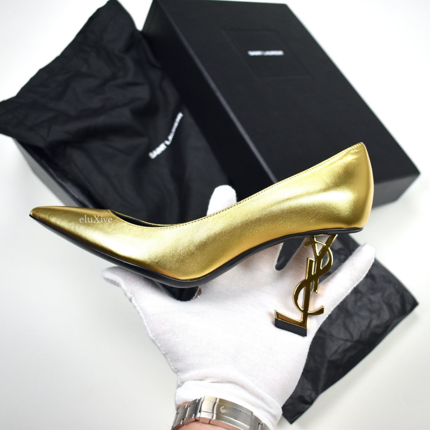 Saint Laurent - Gold YSL Logo Heel Opyum Pumps