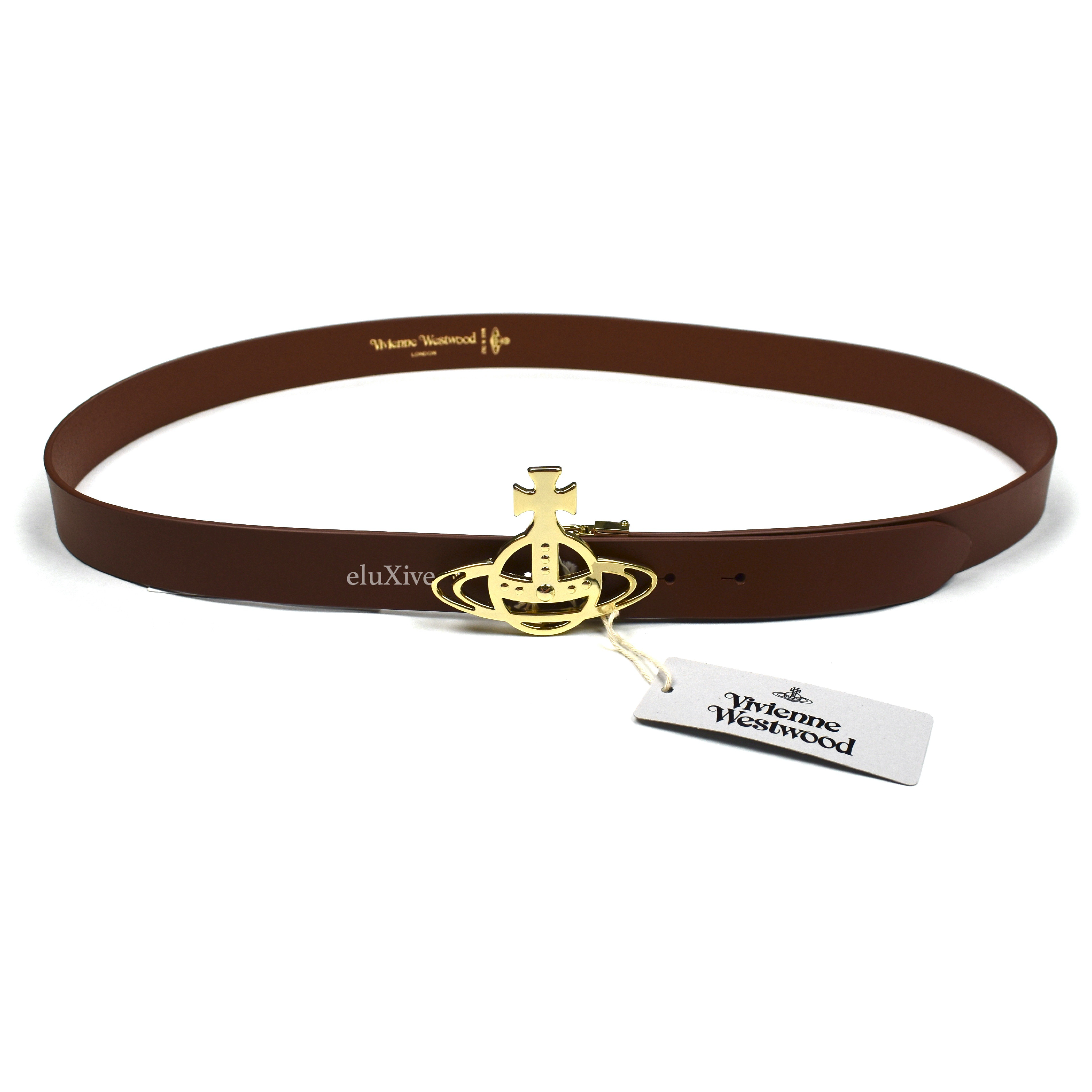 Vivienne Westwood - Gold Orb Logo Buckle Brown Leather Belt – eluXive Vivienne Westwood - Gold Orb Logo Buckle Brown Leather Belt – eluXive