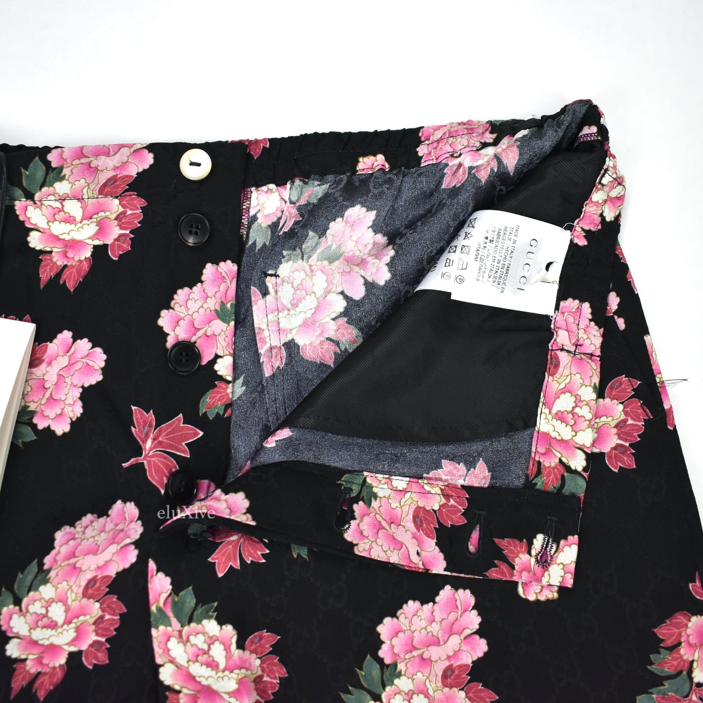 Gucci - Black Jacquard Monogram Woven Peony Blooms Slik Shorts