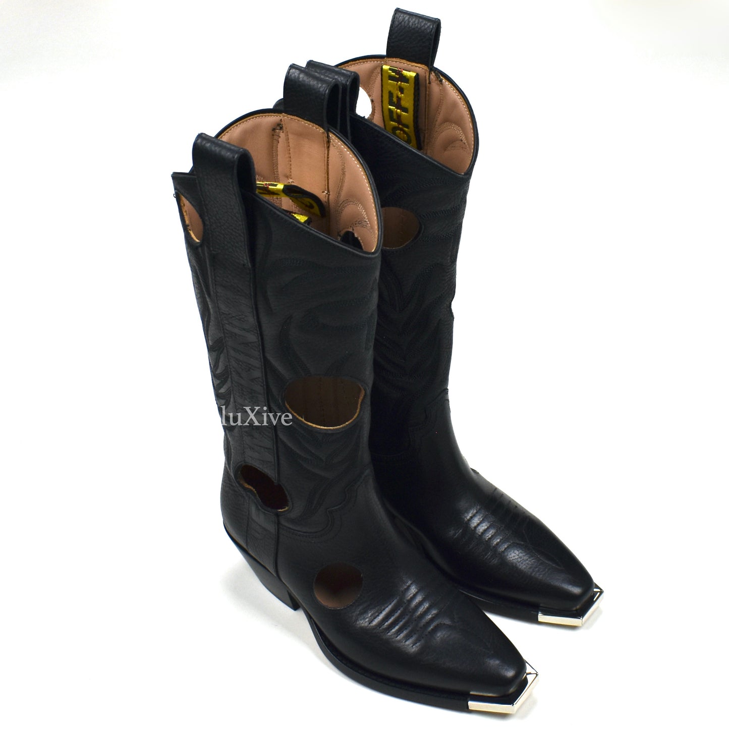 Off-White - Black Leather "FOR WALKING" Meteor Cowboy Boots