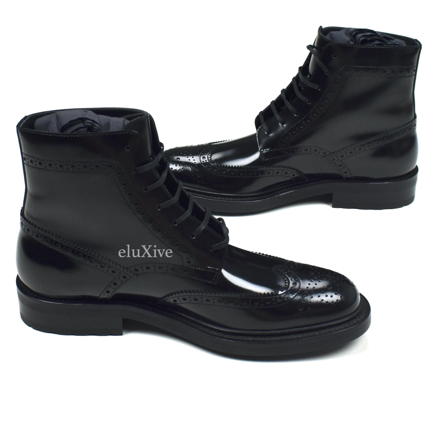 Saint Laurent - Black Patent Leather Brogue Army Boots