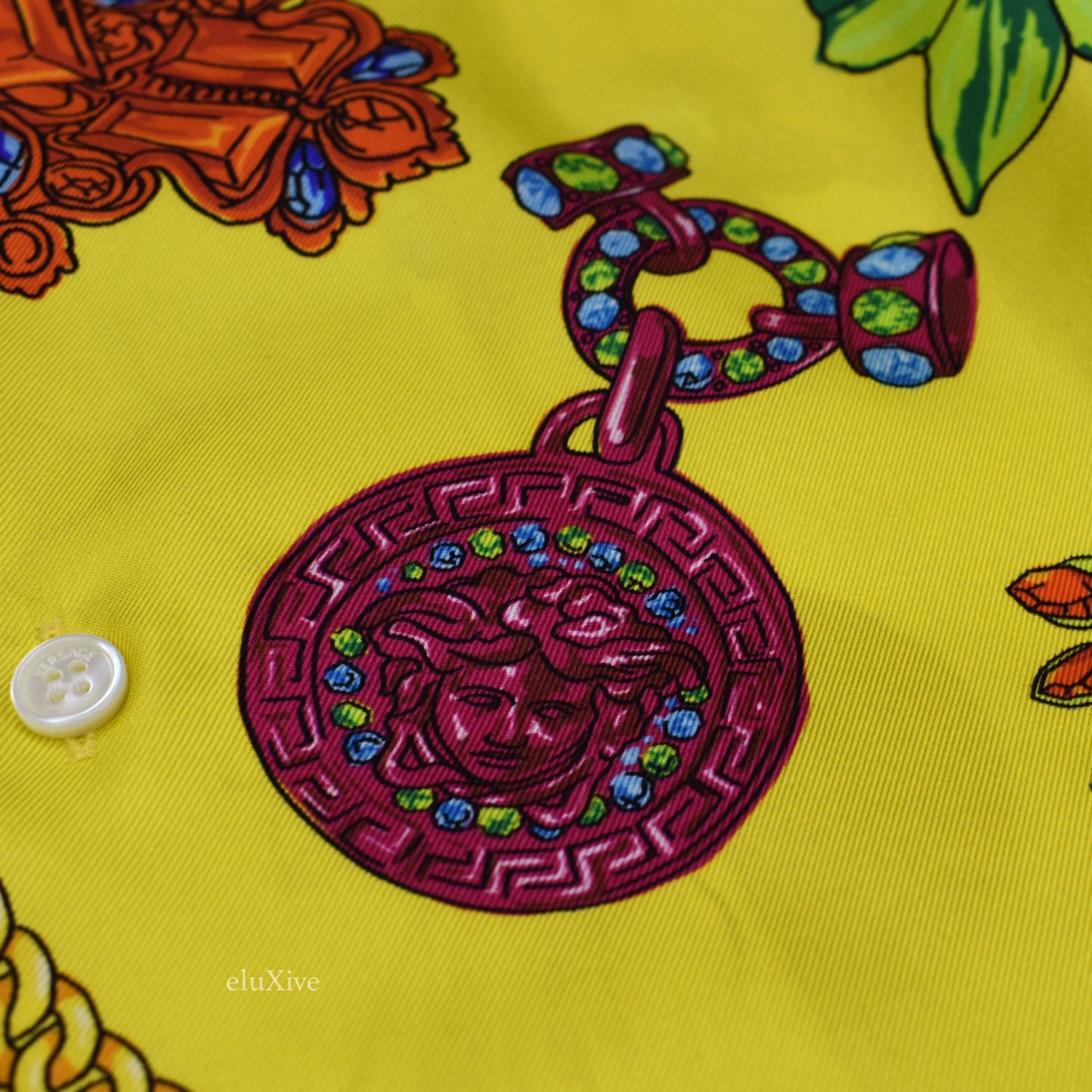 Versace - Yellow Medusa Logo Jewelry Print Silk Shirt