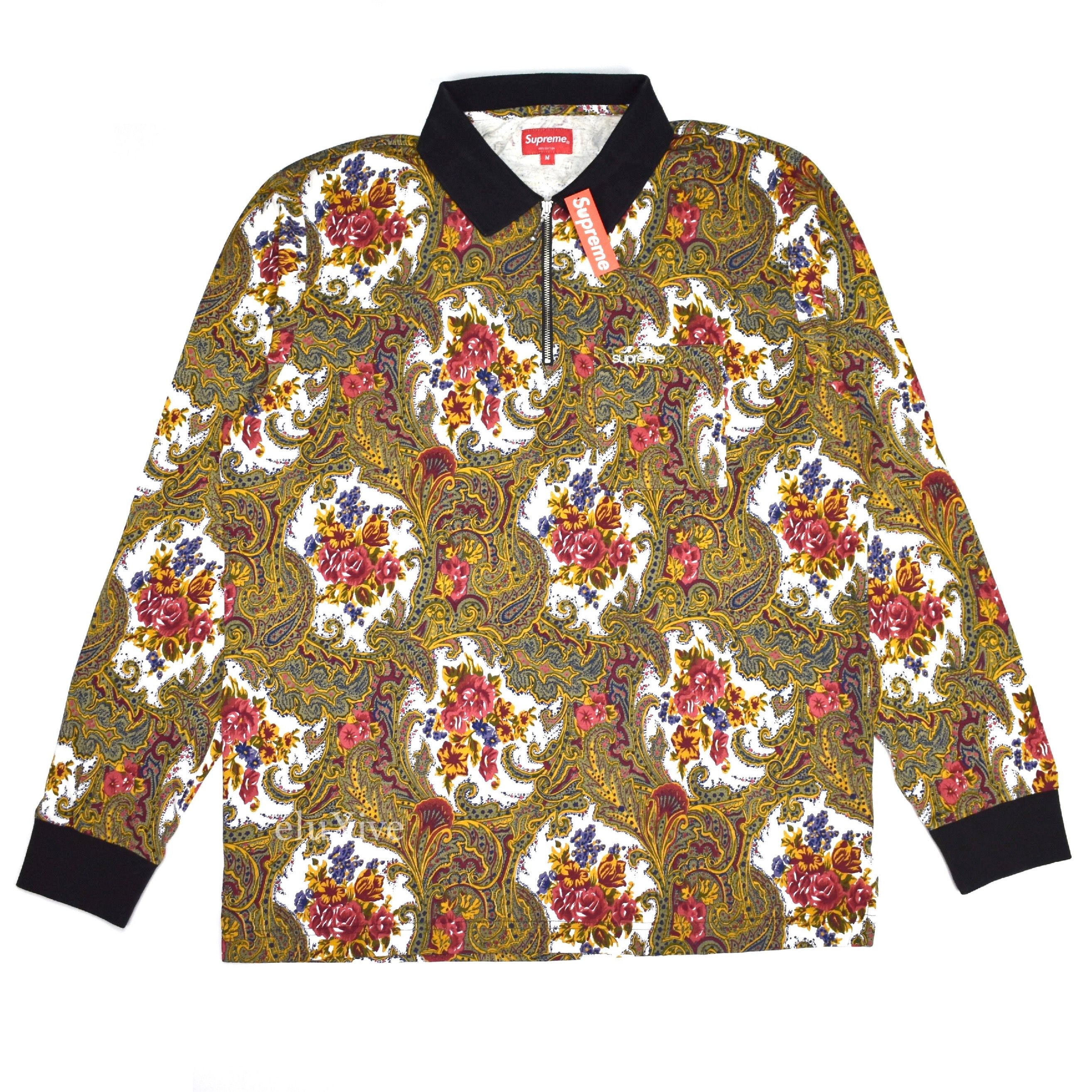 Supreme - Men's Gold Paisley Print Logo Embroidered Zip-Up Polo