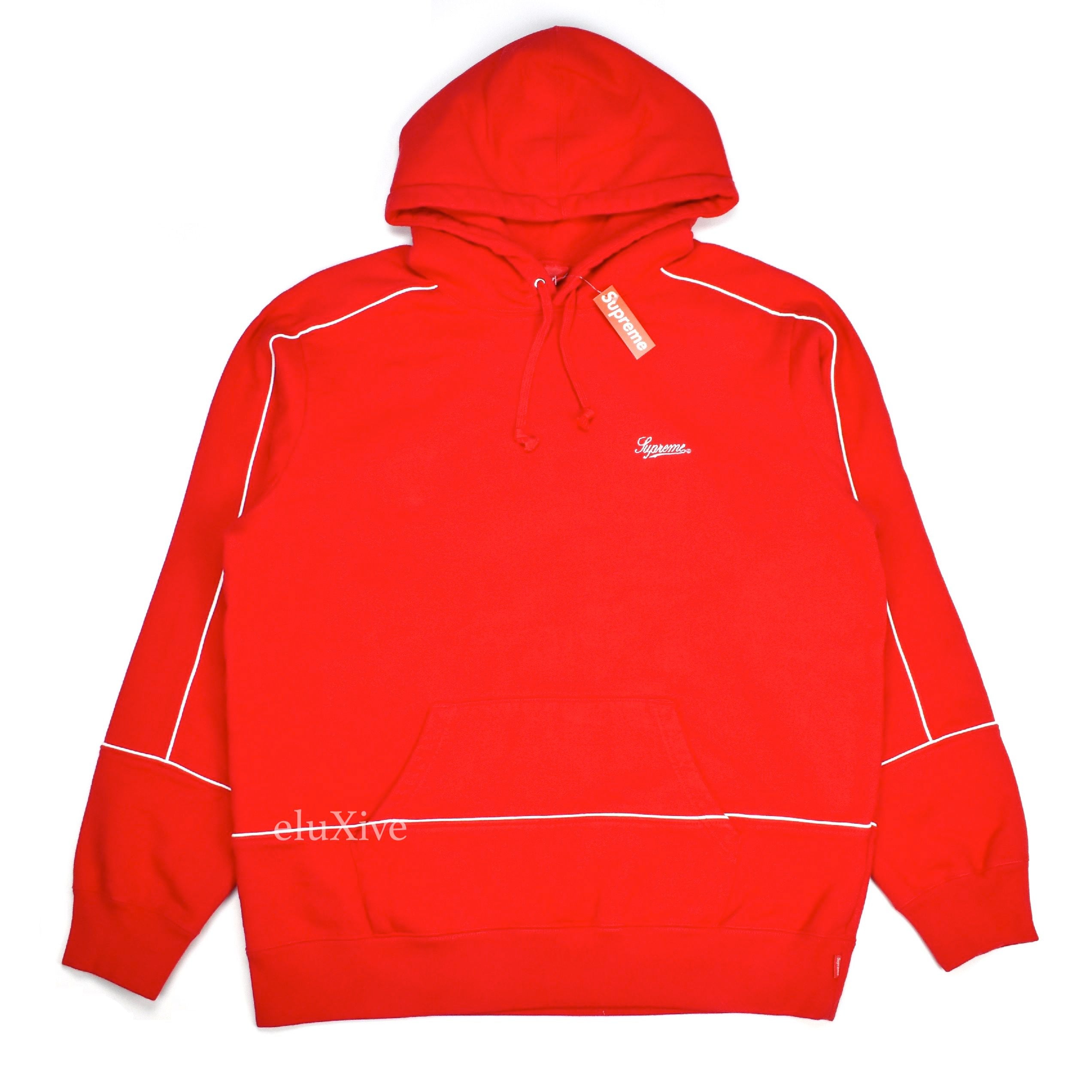 Supreme - Red / White Script Logo Embroidered Piping Detail Hoodie – eluXive