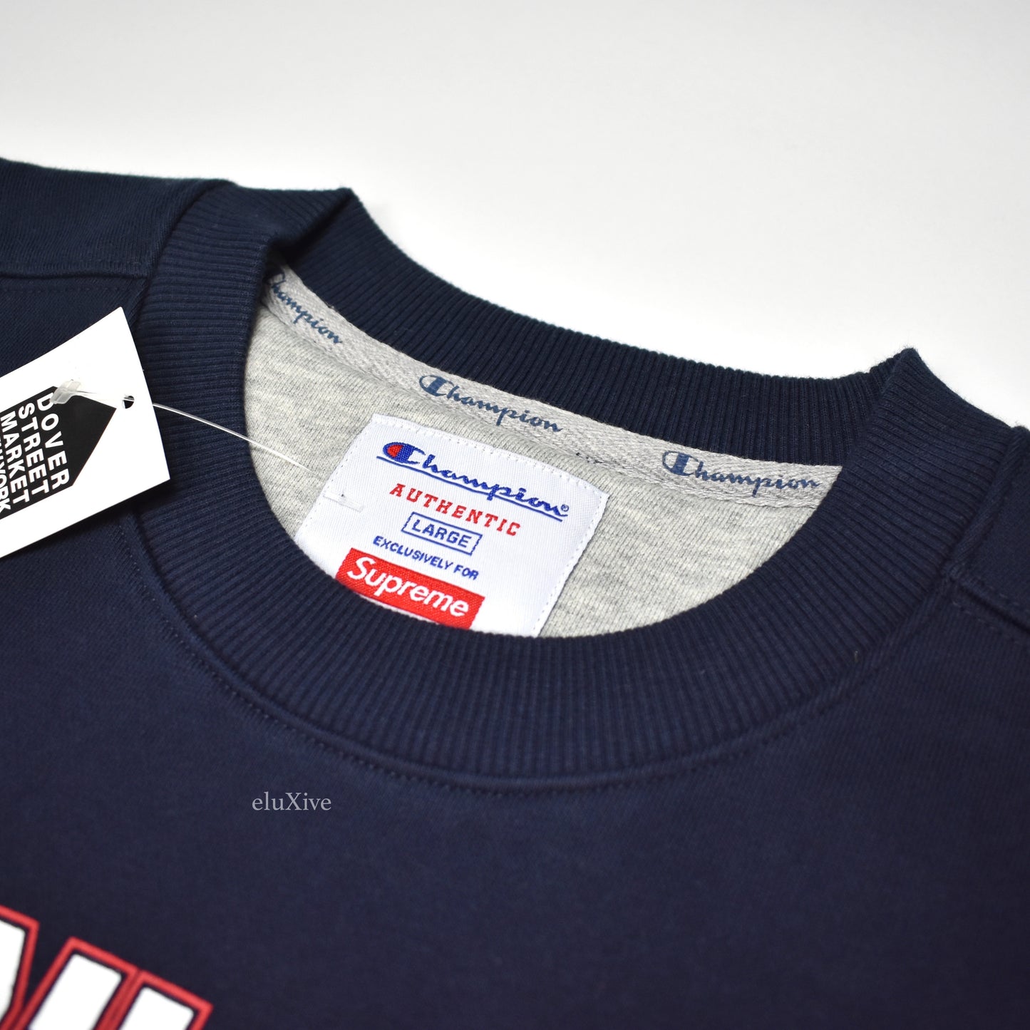 Supreme x Champion - Navy 'Stay in School' Logo Sweatshirt