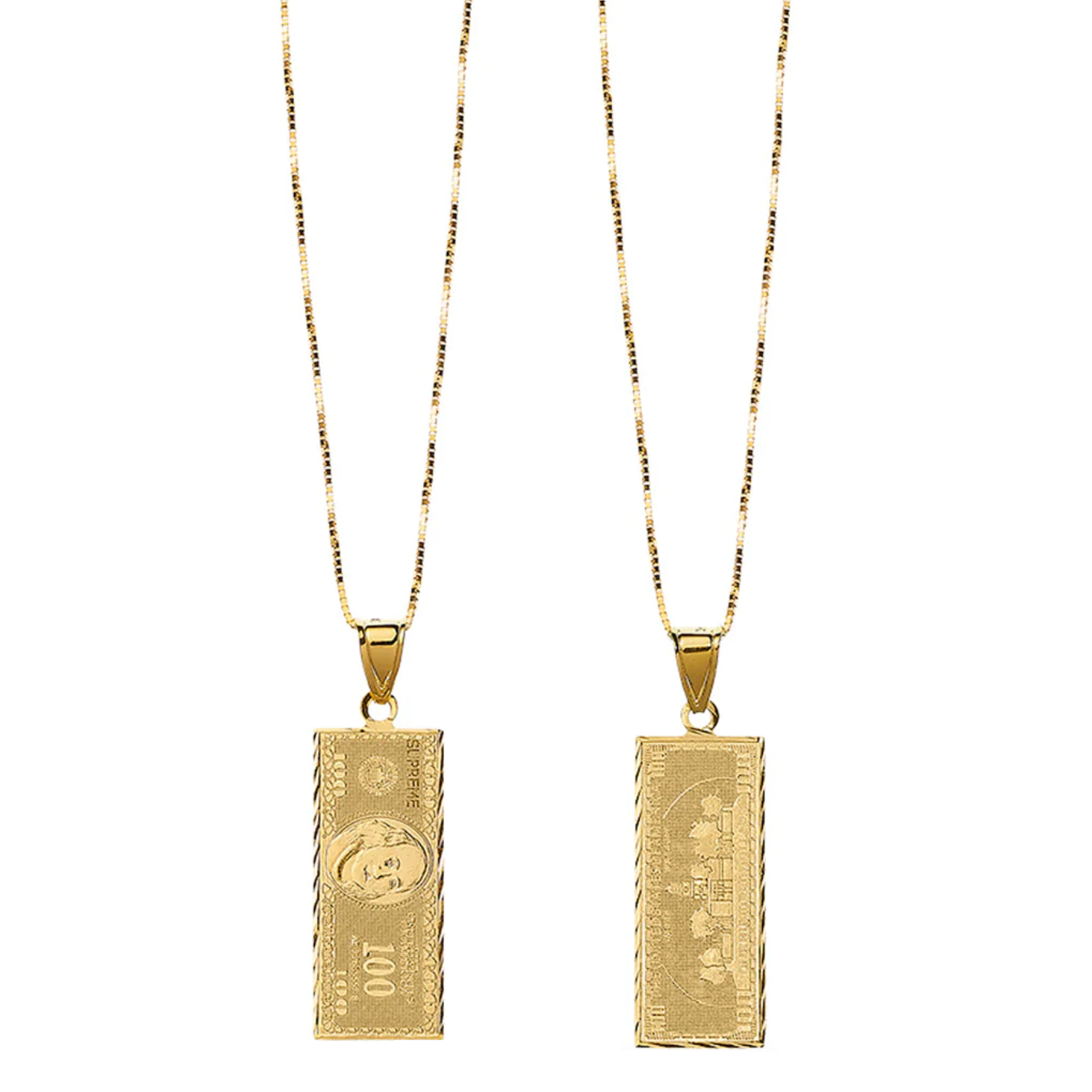 Supreme - 18K Solid Gold 100 Dollar Bill Logo Pendant Necklace