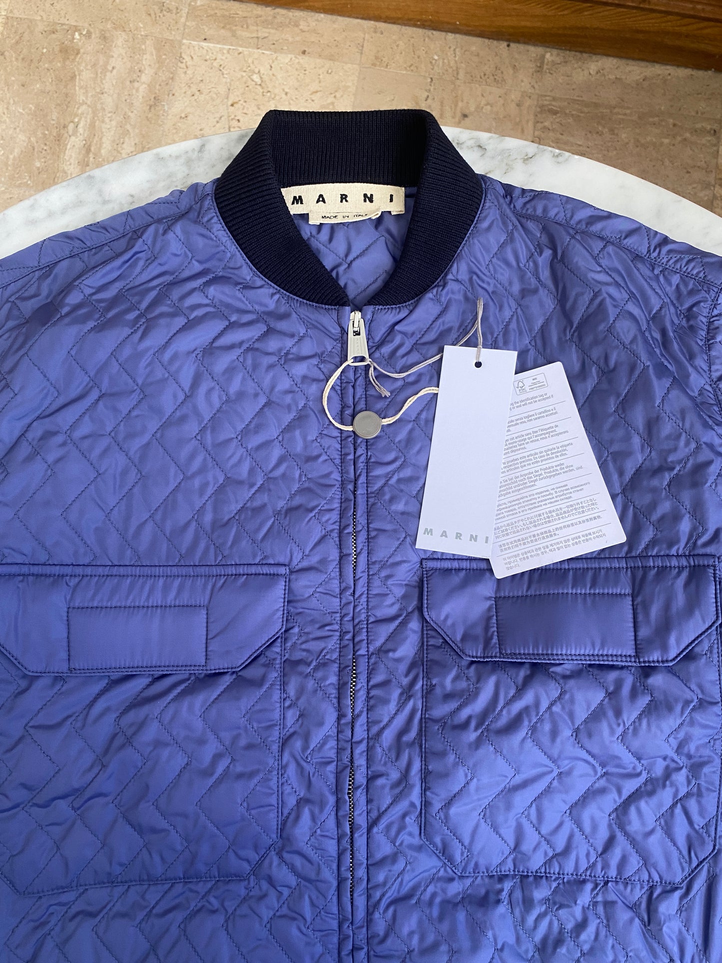 Marni - Blue Moving Blanket Quilted Bomber Jacket