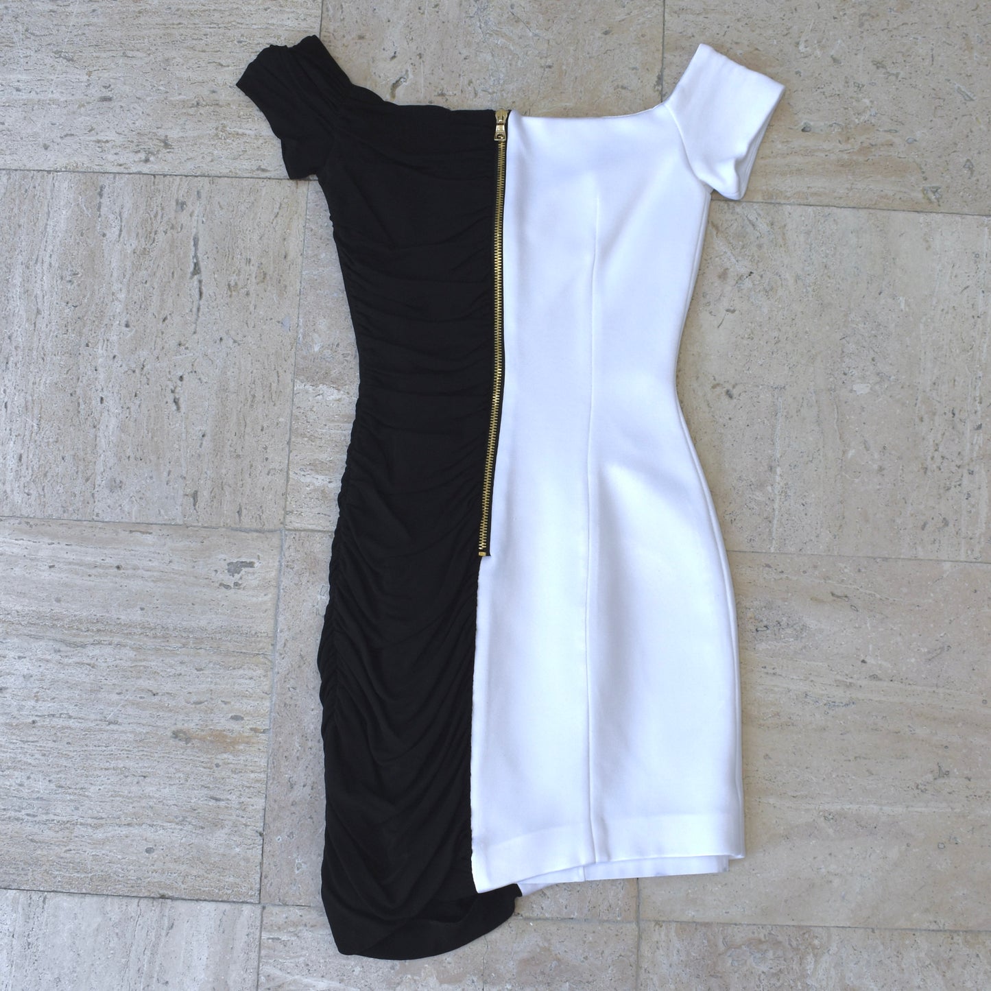 Balmain - Black & White Draped Off the Shoulder Dress