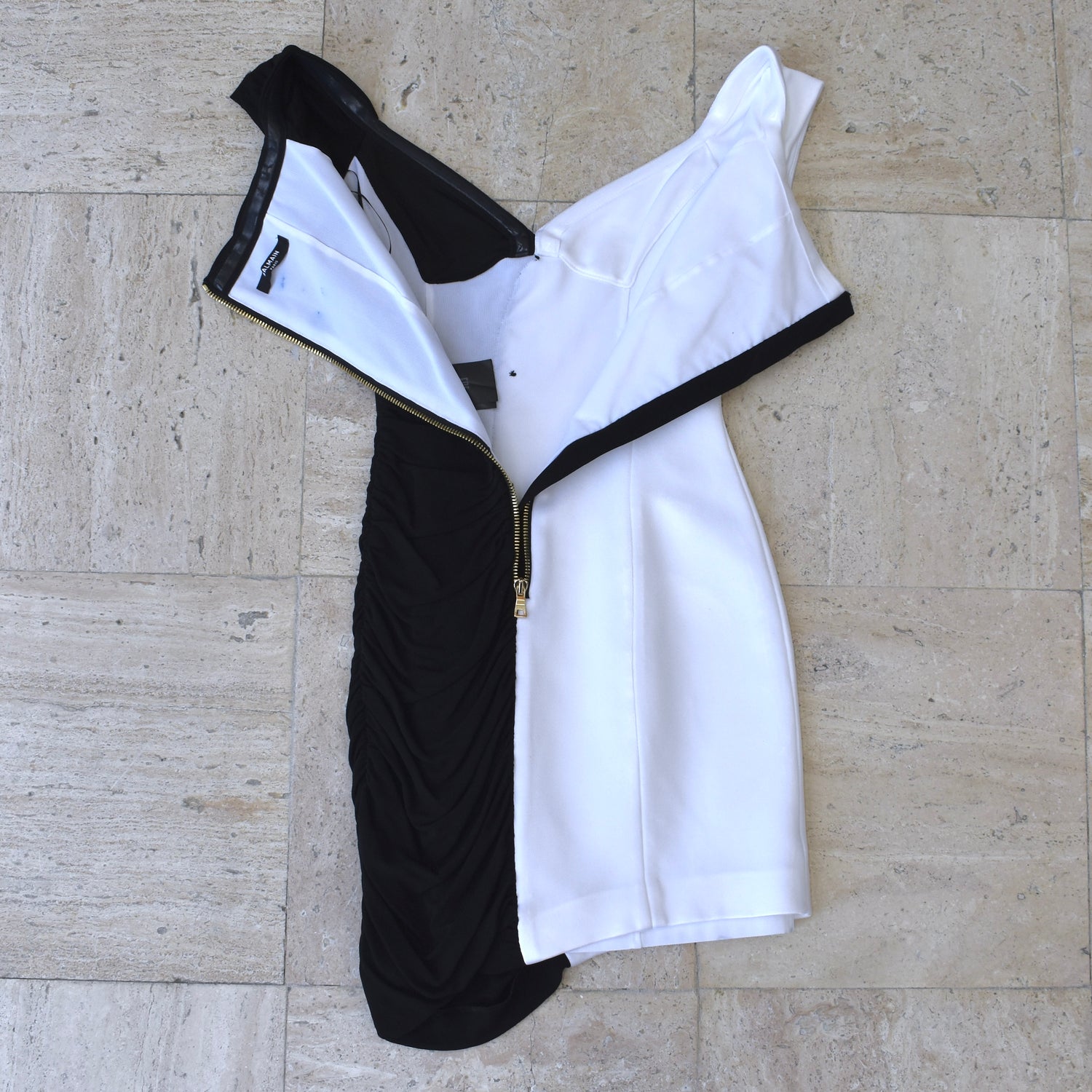 balmain white and black viscose off the shoulder dress Balmain Black Viscose Off-The-Shoulder Dress Balmain