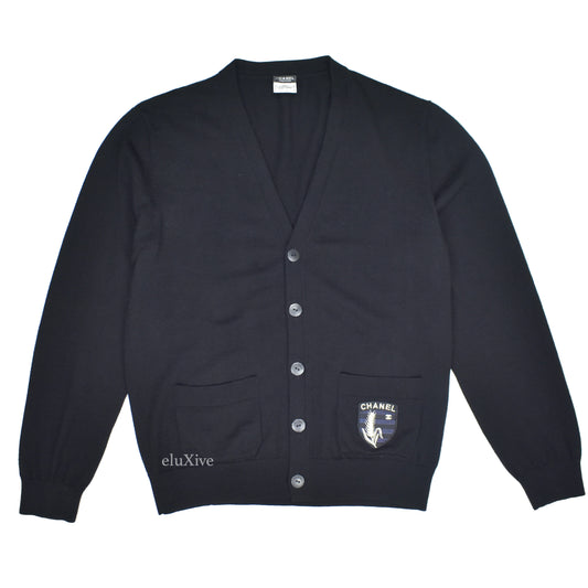 Chanel - Black 100% Wool Logo Patch Uniform Cardigan
