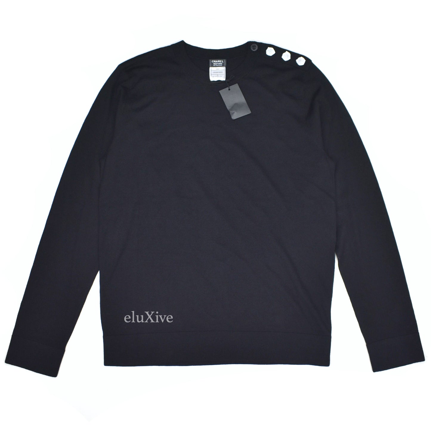 Chanel - Black Wool/Cotton Lion Logo Button Uniform Sweater