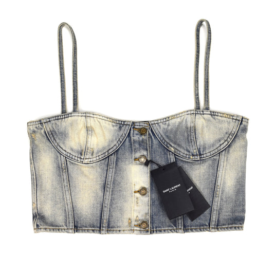 Saint Laurent - Blue Distressed Denim Crop Top