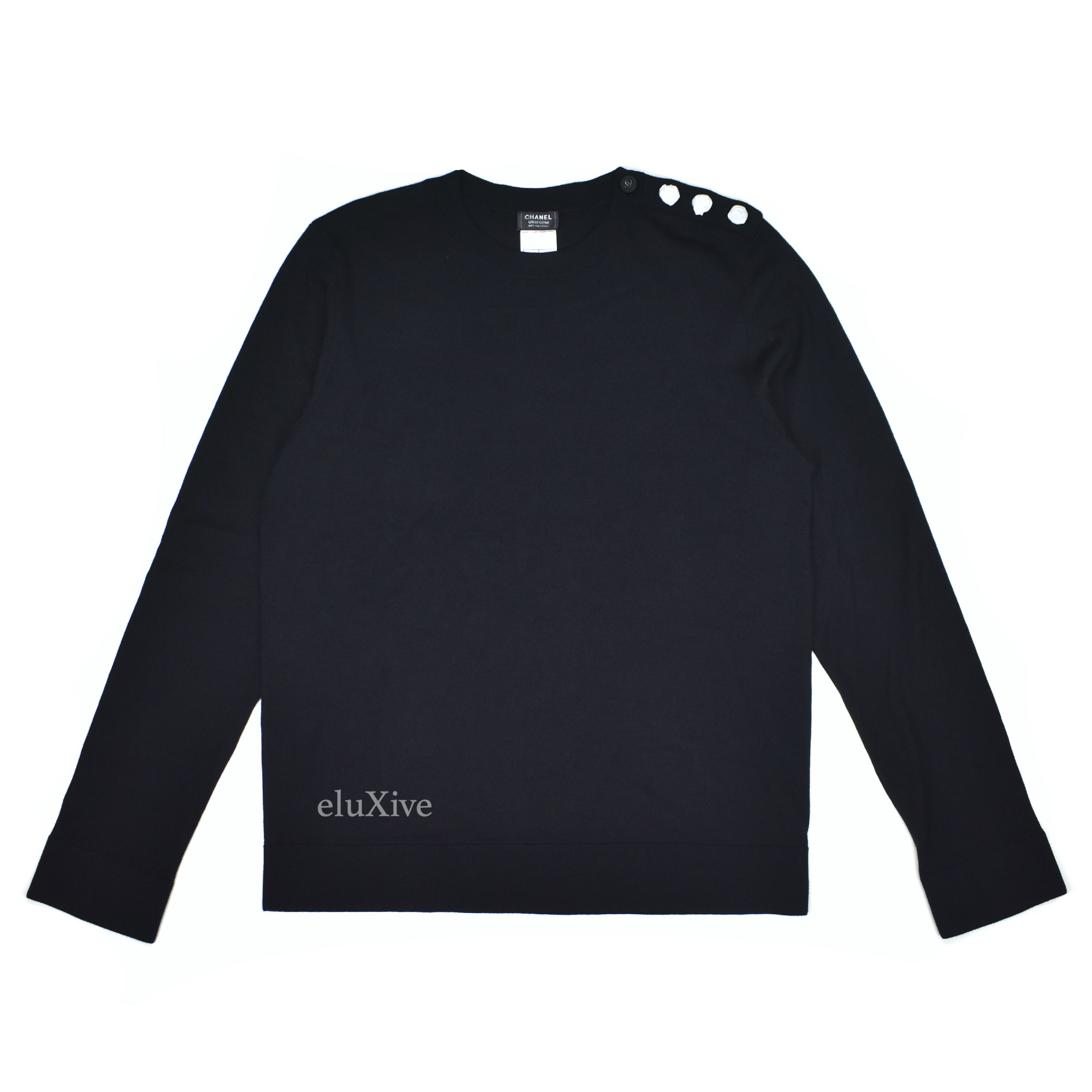 Chanel - Black Wool/Cotton CC Shoulder Button Uniform Sweater – eluXive