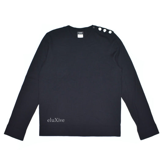 Chanel - Black Wool/Cotton CC Shoulder Button Uniform Sweater