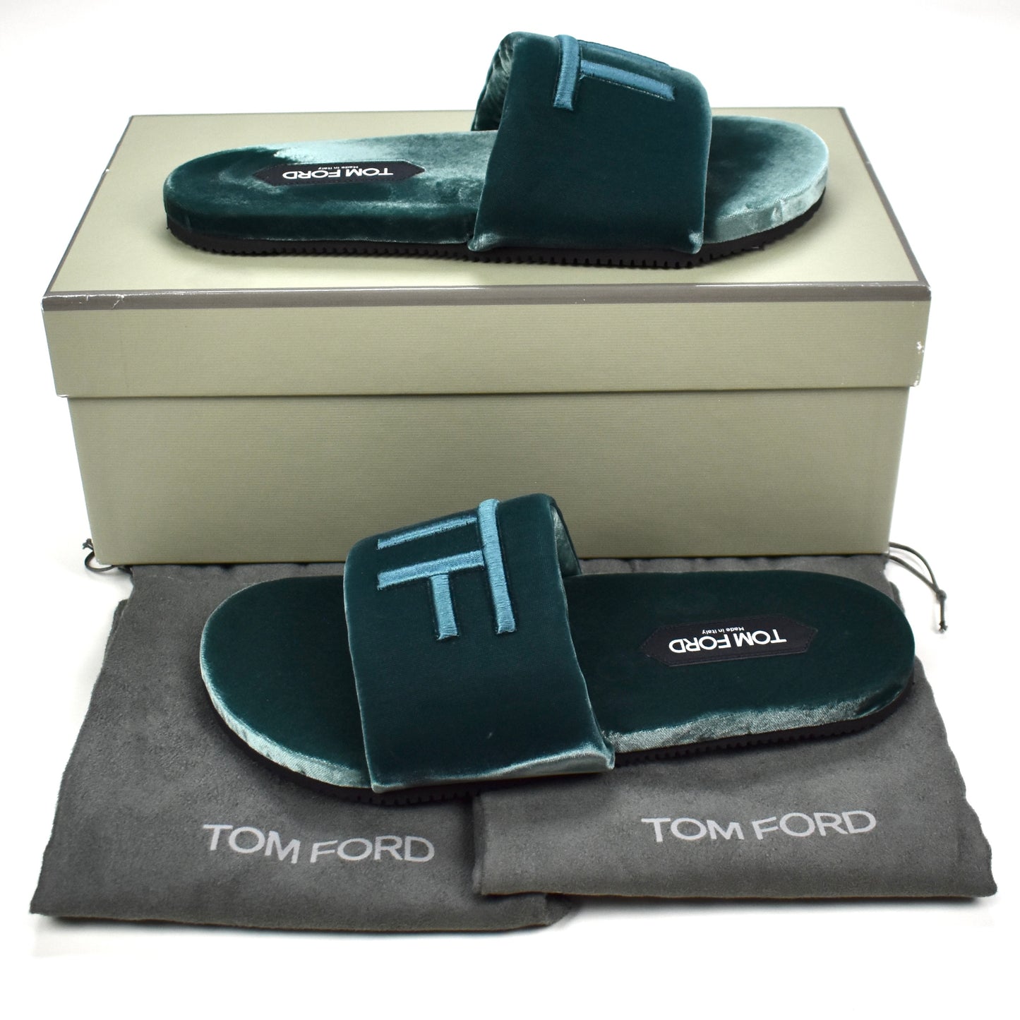 Tom Ford - Teal Velvet TF Logo Slippers