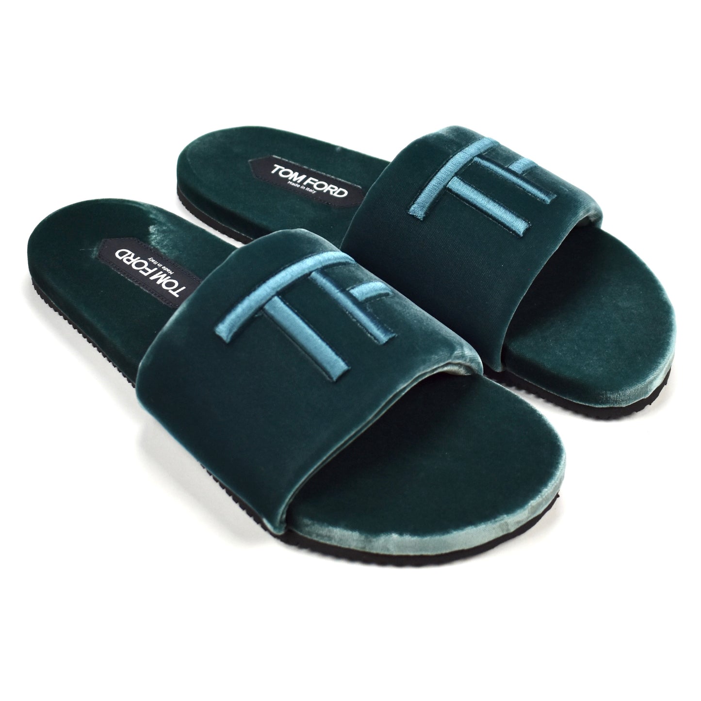 Tom Ford - Teal Velvet TF Logo Slippers