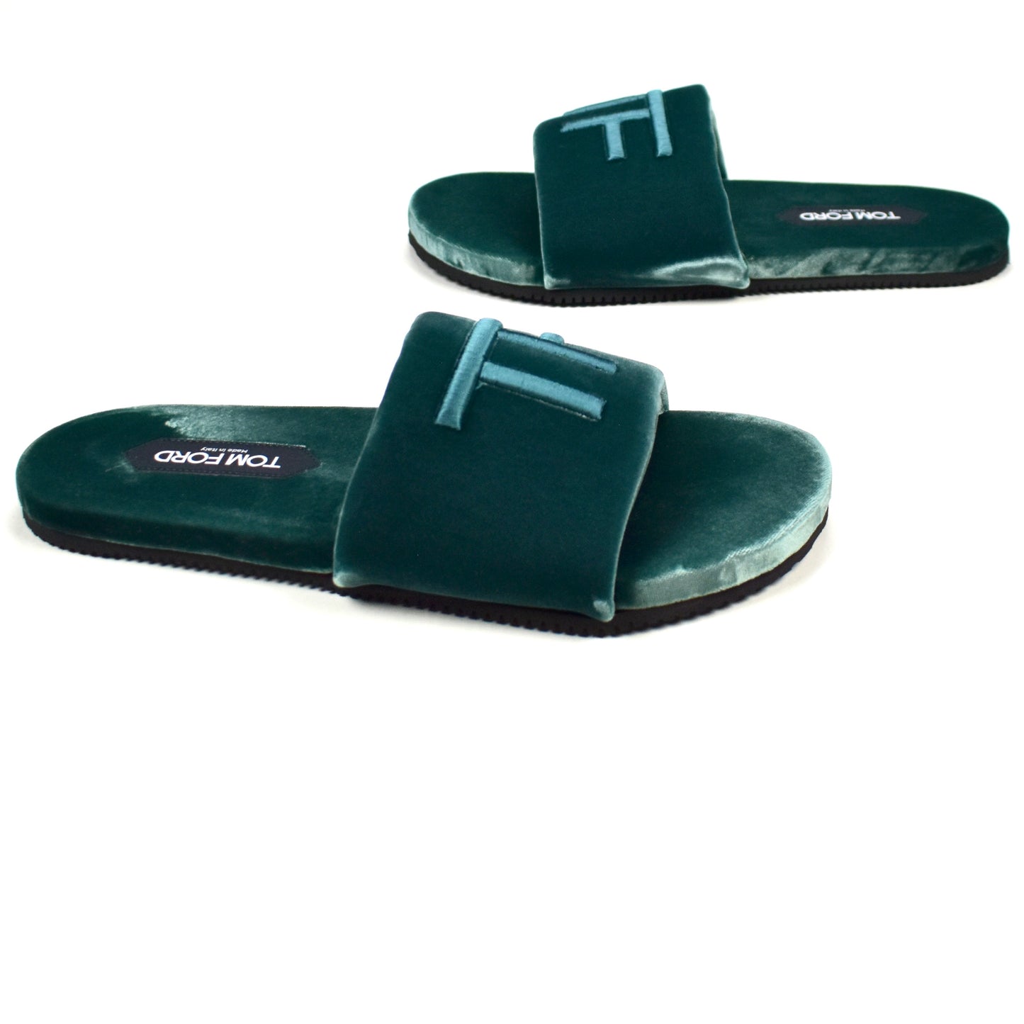 Tom Ford - Teal Velvet TF Logo Slippers